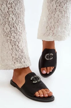 Damskie Damskie buty S.Barski Eleganckie Klapki Damskie Błyszczące Z Ozdobą S.Barski KV27-050 Czarne