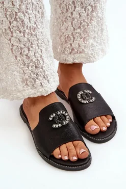 Damskie Damskie buty S.Barski Eleganckie Klapki Damskie Błyszczące Z Ozdobą S.Barski KV27-050 Czarne