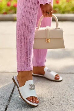 New Damskie buty S.Barski Eleganckie Klapki Damskie Błyszczące Z Ozdobą S.Barski KV27-050 Srebrne Srebrny