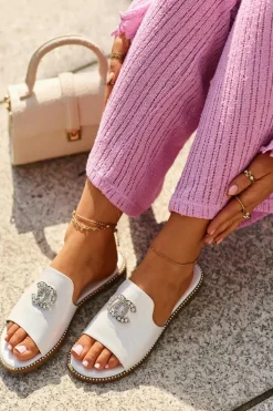 New Damskie buty S.Barski Eleganckie Klapki Damskie Błyszczące Z Ozdobą S.Barski KV27-050 Srebrne Srebrny