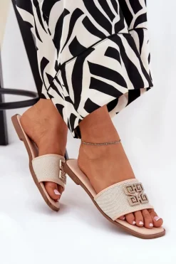 Boto Klapki Damskie Klasyczne*Eleganckie Klapki Damskie Z Ozdobą Na Płaskim Obcasie Beżowe Lovehia Beżowy