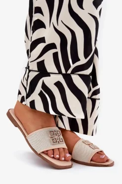 Boto Klapki Damskie Klasyczne*Eleganckie Klapki Damskie Z Ozdobą Na Płaskim Obcasie Beżowe Lovehia Beżowy