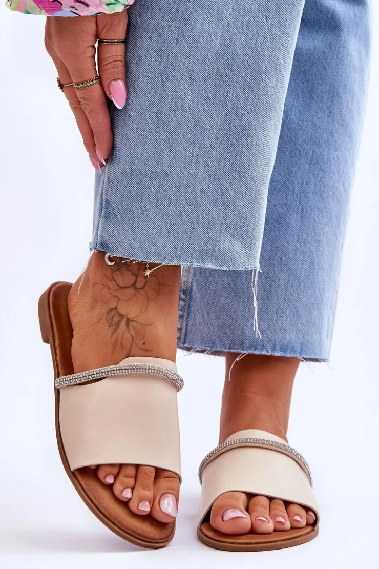 Damskie Boto Eleganckie Klapki Na Płaskim Obcasie Beżowe Termen