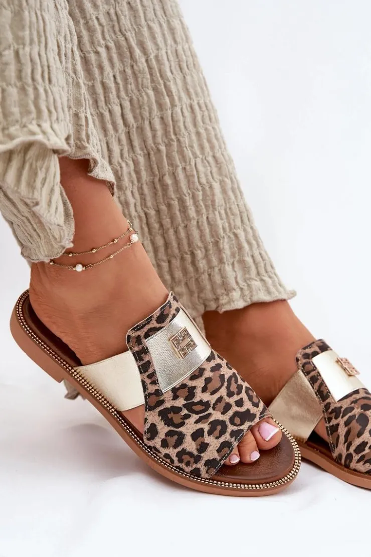 Zazoo Klapki Damskie Klasyczne*Eleganckie Klapki Ze Skóry Naturalnej Na Płaskim Obcasie 40423 Panterka Brązowy