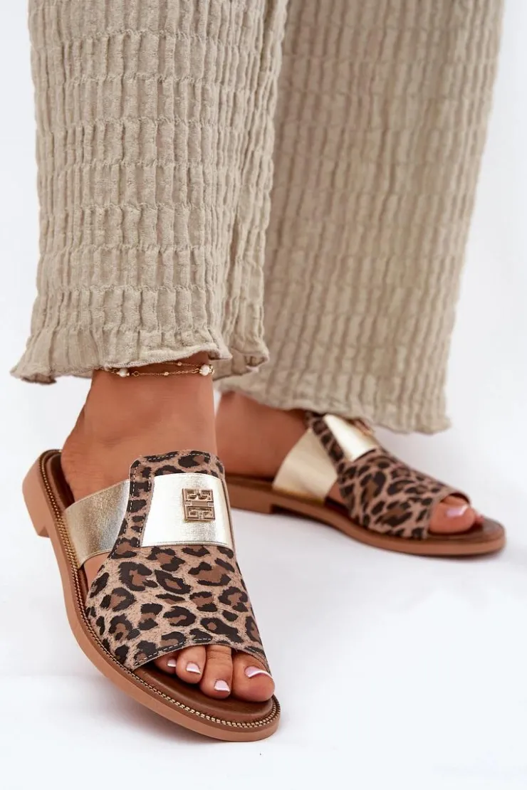 Zazoo Klapki Damskie Klasyczne*Eleganckie Klapki Ze Skóry Naturalnej Na Płaskim Obcasie 40423 Panterka Brązowy