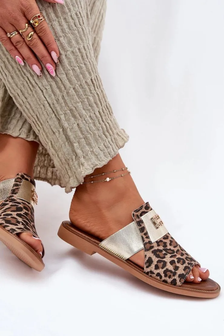 Zazoo Klapki Damskie Klasyczne*Eleganckie Klapki Ze Skóry Naturalnej Na Płaskim Obcasie 40423 Panterka Brązowy