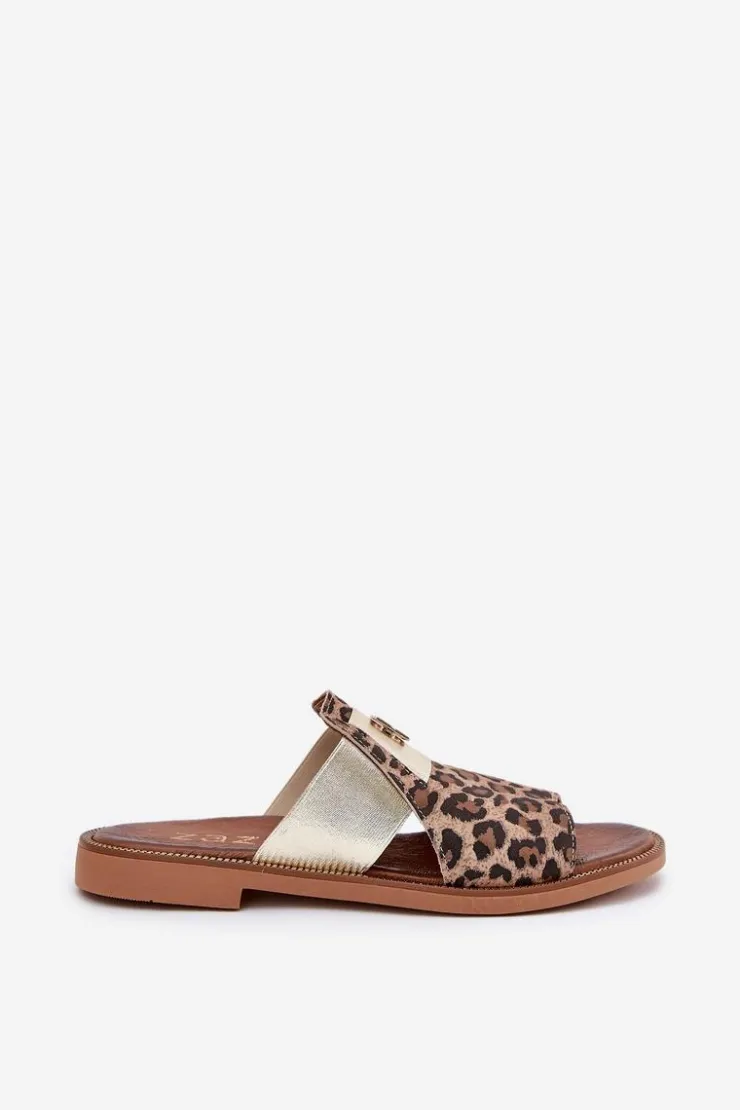 Zazoo Klapki Damskie Klasyczne*Eleganckie Klapki Ze Skóry Naturalnej Na Płaskim Obcasie 40423 Panterka Brązowy