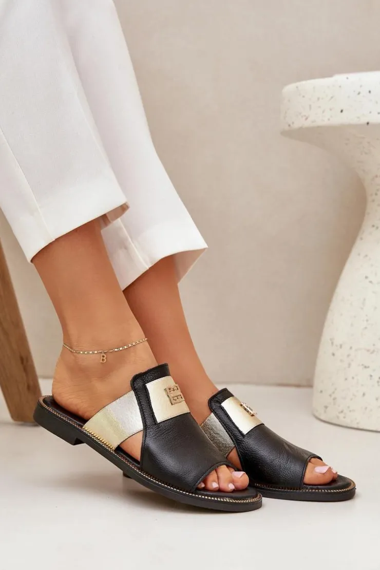 Damskie Zazoo Eleganckie Klapki Ze Skóry Naturalnej Na Płaskim Obcasie 40423 Czarne