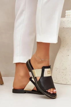 Damskie Zazoo Eleganckie Klapki Ze Skóry Naturalnej Na Płaskim Obcasie 40423 Czarne