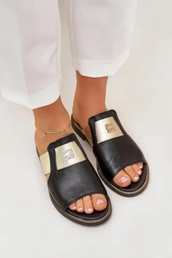 Damskie Zazoo Eleganckie Klapki Ze Skóry Naturalnej Na Płaskim Obcasie 40423 Czarne