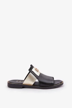 Damskie Zazoo Eleganckie Klapki Ze Skóry Naturalnej Na Płaskim Obcasie 40423 Czarne