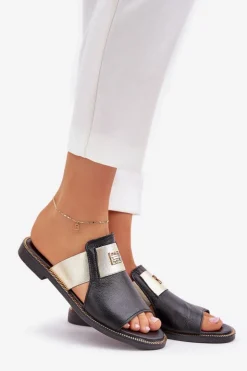 Damskie Zazoo Eleganckie Klapki Ze Skóry Naturalnej Na Płaskim Obcasie 40423 Czarne