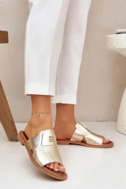 Damskie Zazoo Eleganckie Klapki Ze Skóry Naturalnej Na Płaskim Obcasie 40423 Złote