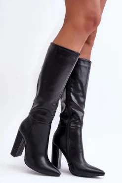 Damskie Boto Eleganckie Kozaki Na Obcasie Skórzane Czarne Eudonice