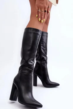 Damskie Boto Eleganckie Kozaki Na Obcasie Skórzane Czarne Eudonice