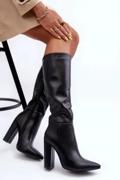 Damskie Boto Eleganckie Kozaki Na Obcasie Skórzane Czarne Eudonice