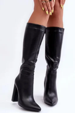 Damskie Boto Eleganckie Kozaki Na Obcasie Skórzane Czarne Eudonice