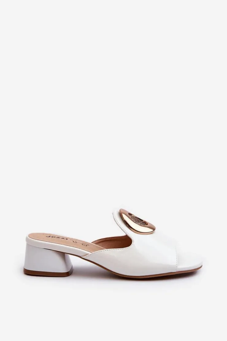 New Boto Eleganckie Lakierowane Klapki Damskie Na Niskim Obcasie Ze Złotą Ozdobą Białe Uzimila