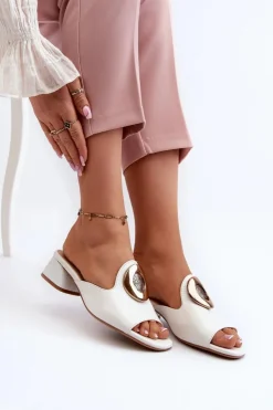 New Boto Eleganckie Lakierowane Klapki Damskie Na Niskim Obcasie Ze Złotą Ozdobą Białe Uzimila