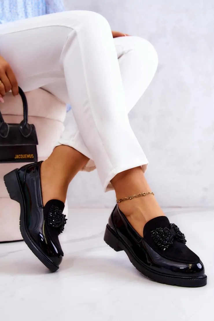 Clearance Damskie buty S.Barski Eleganckie Lakierowane Mokasyny Loafery Czarne S.Barski HY51-318 Belize