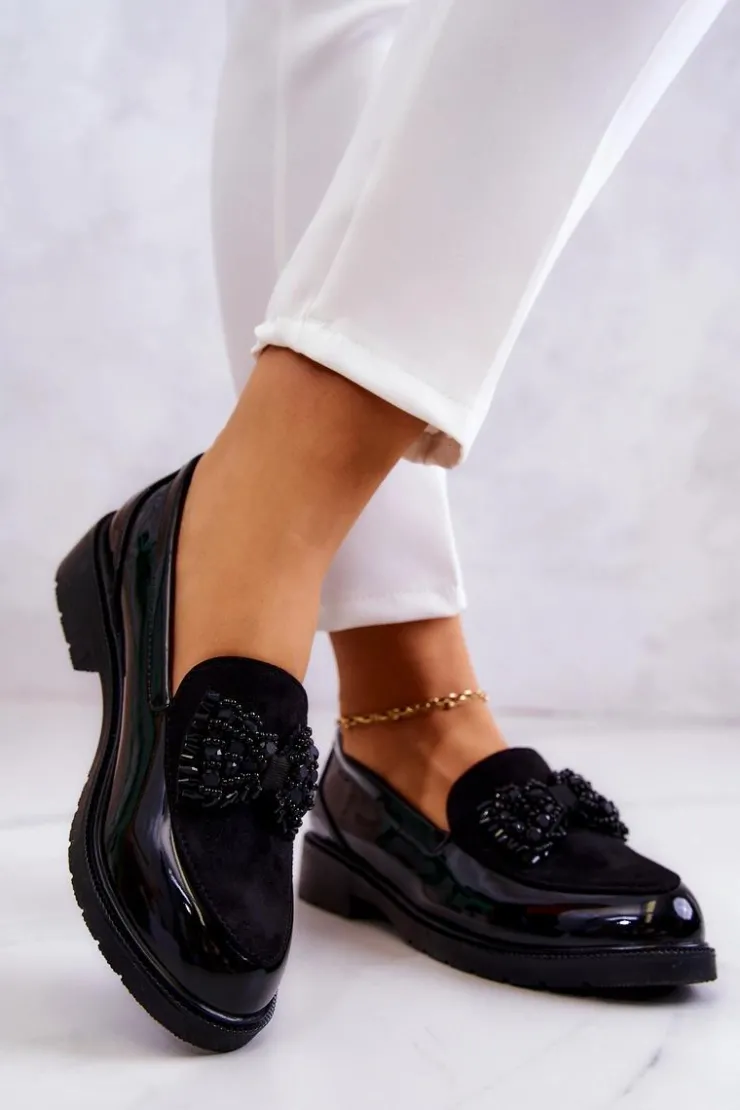 Clearance Damskie buty S.Barski Eleganckie Lakierowane Mokasyny Loafery Czarne S.Barski HY51-318 Belize