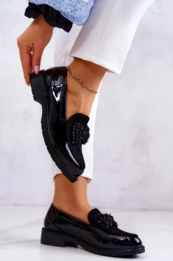 Clearance Damskie buty S.Barski Eleganckie Lakierowane Mokasyny Loafery Czarne S.Barski HY51-318 Belize