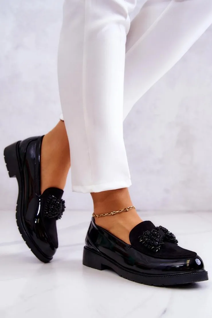 Clearance Damskie buty S.Barski Eleganckie Lakierowane Mokasyny Loafery Czarne S.Barski HY51-318 Belize