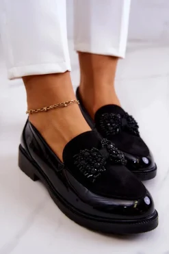 Clearance Damskie buty S.Barski Eleganckie Lakierowane Mokasyny Loafery Czarne S.Barski HY51-318 Belize