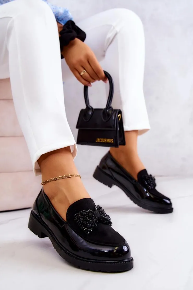 Clearance Damskie buty S.Barski Eleganckie Lakierowane Mokasyny Loafery Czarne S.Barski HY51-318 Belize