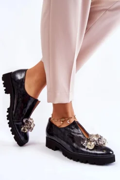 Damskie Boto Eleganckie Lakierowane Półbuty Z Ozdobą Czarno-Szare Cindy