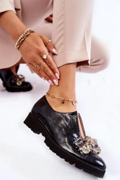 Damskie Boto Eleganckie Lakierowane Półbuty Z Ozdobą Czarno-Szare Cindy