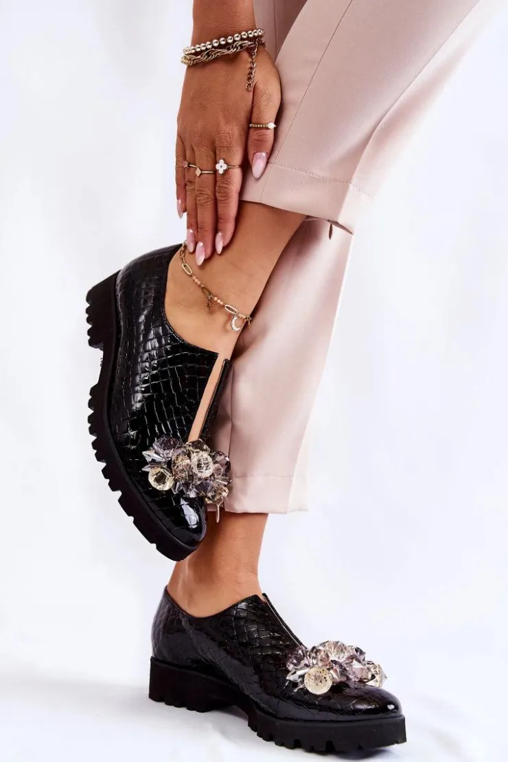 Outlet Boto Eleganckie Lakierowane Półbuty Z Ozdobą Krokodyl Czarne Cindy Czarny