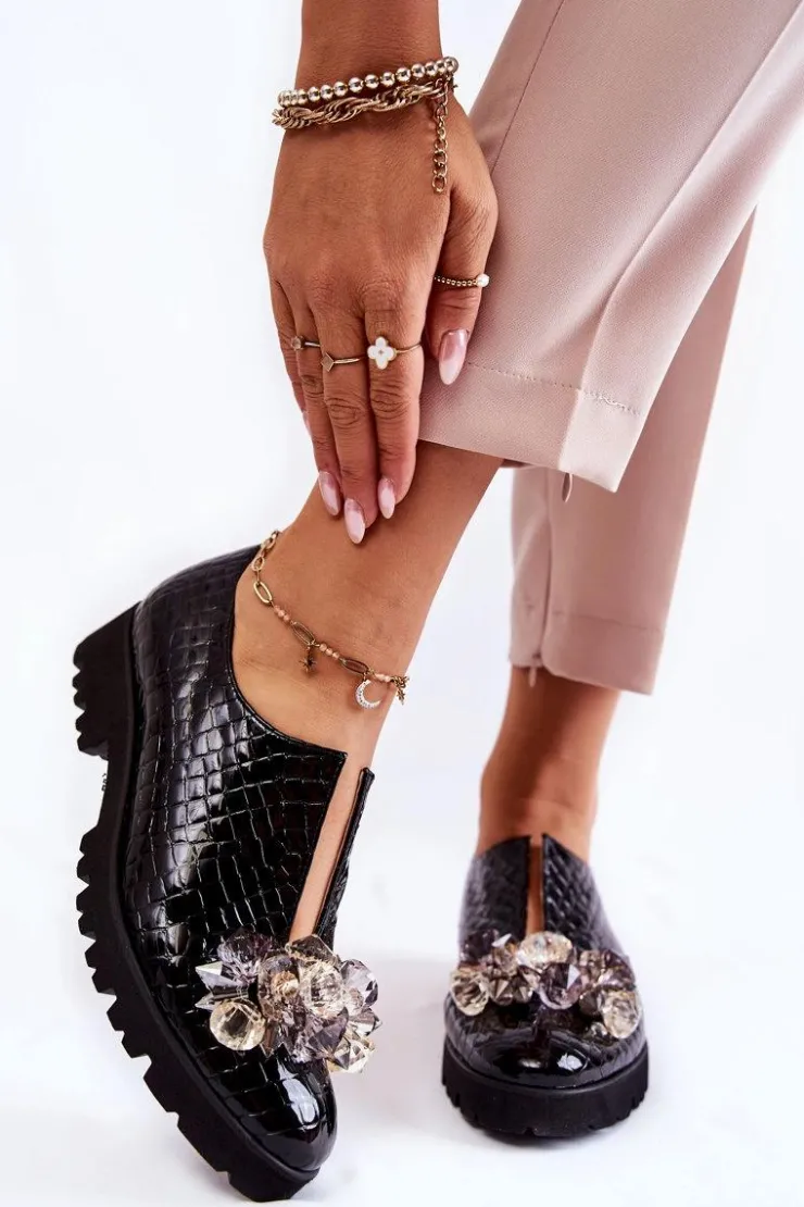 Outlet Boto Eleganckie Lakierowane Półbuty Z Ozdobą Krokodyl Czarne Cindy Czarny