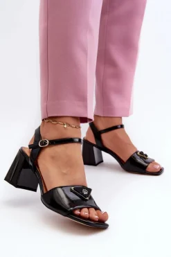 Online Damskie buty S.Barski Eleganckie Lakierowane Sandały Na Słupku Czarne D&A MR38-660