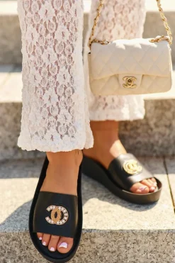 Damskie buty S.Barski Eleganckie Lekkie Klapki Damskie Z Ozdobą Skóra Naturalna S.Barski KV27-013 Czarne