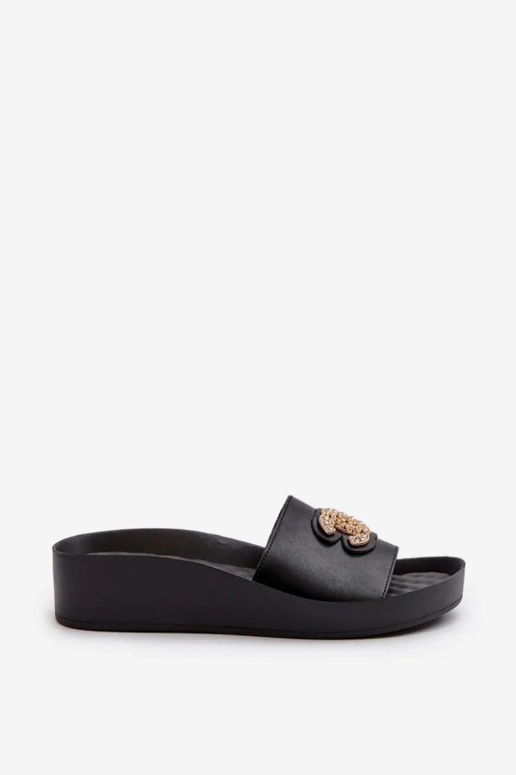 Damskie buty S.Barski Eleganckie Lekkie Klapki Damskie Z Ozdobą Skóra Naturalna S.Barski KV27-013 Czarne