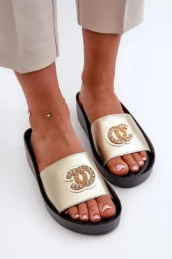 Damskie buty S.Barski Klapki Na Koturnie|Klapki Na Platformie*Eleganckie Lekkie Klapki Damskie Z Ozdobą Skóra Naturalna S.Barski KV27-013 Złote