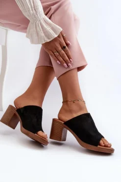 Discount Evento Eleganckie Lekkie Klapki Damskie Na Obcasie Czarne Varnila Czarny