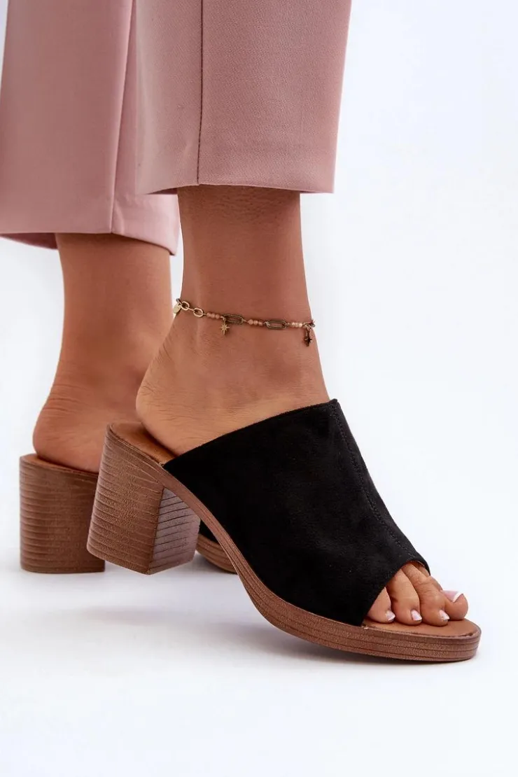 Discount Evento Eleganckie Lekkie Klapki Damskie Na Obcasie Czarne Varnila Czarny