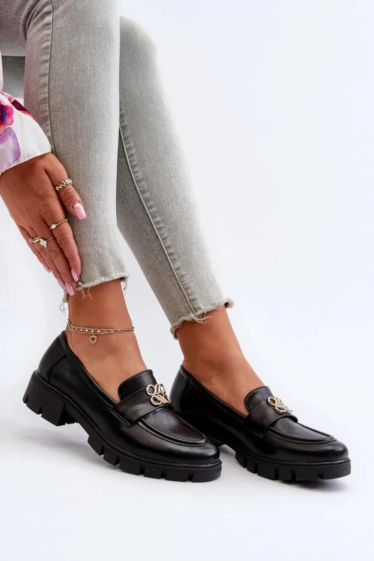 Damskie Boto Eleganckie Mokasyny Damskie Ze Złotą Ozdobą Czarne Tosisa