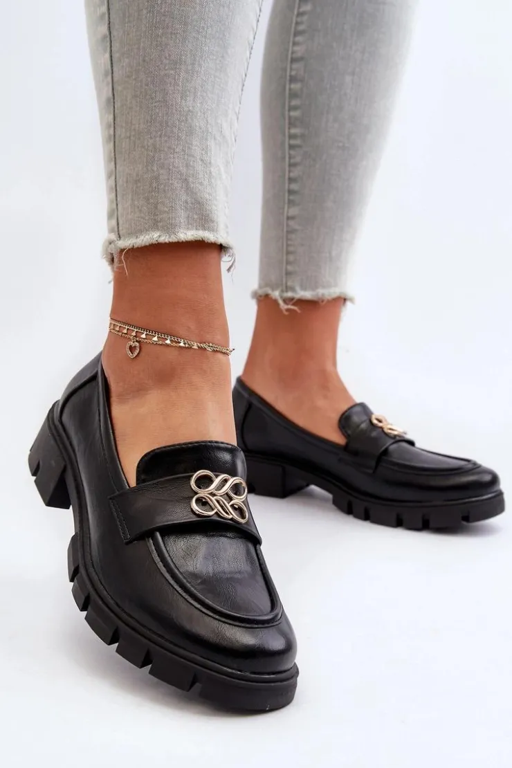 Damskie Boto Eleganckie Mokasyny Damskie Ze Złotą Ozdobą Czarne Tosisa