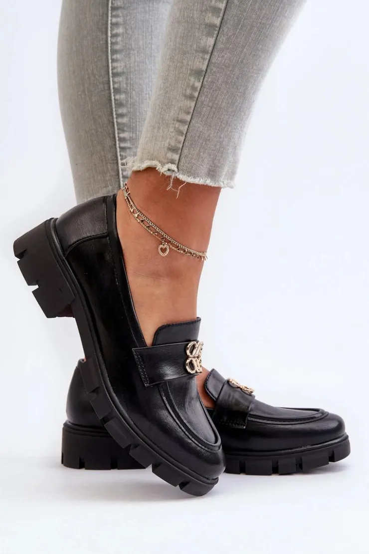 Damskie Boto Eleganckie Mokasyny Damskie Ze Złotą Ozdobą Czarne Tosisa