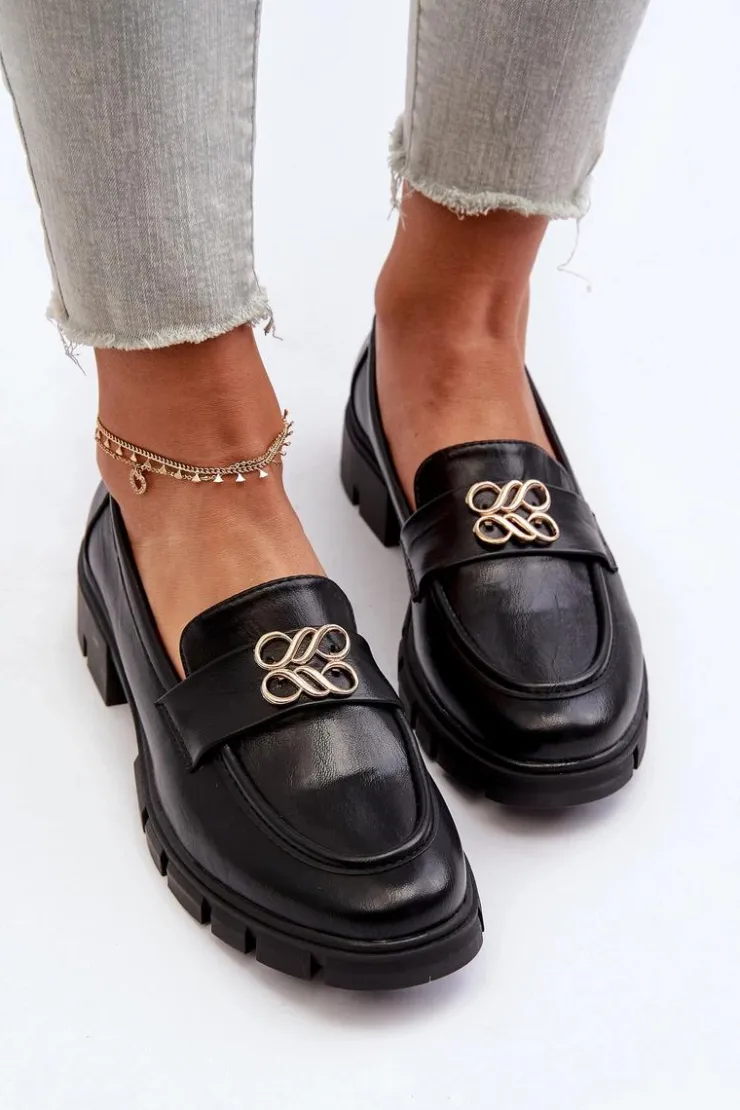 Damskie Boto Eleganckie Mokasyny Damskie Ze Złotą Ozdobą Czarne Tosisa