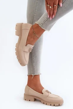 Sale Boto Eleganckie Mokasyny Damskie Ze Złotą Ozdobą Beżowe Tosisa