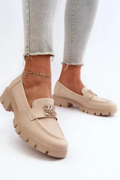 Sale Boto Eleganckie Mokasyny Damskie Ze Złotą Ozdobą Beżowe Tosisa