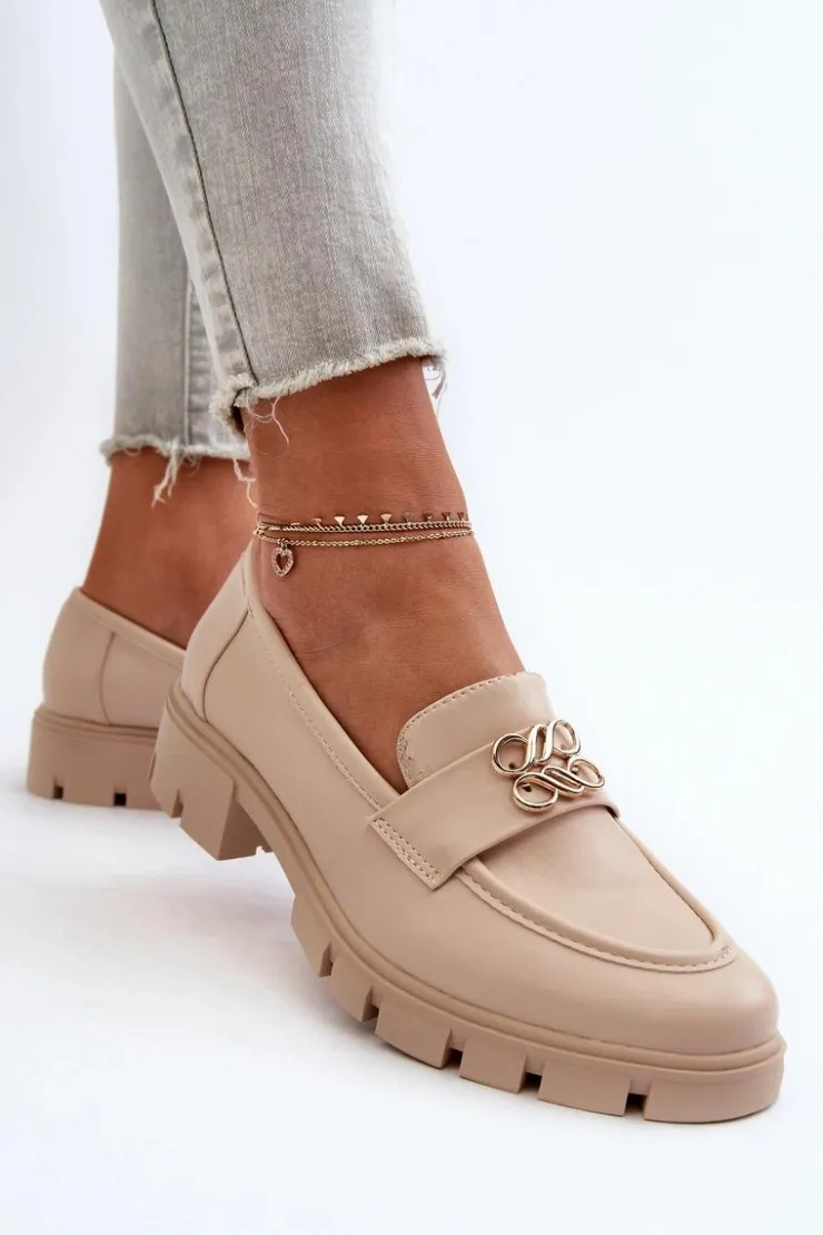 Sale Boto Eleganckie Mokasyny Damskie Ze Złotą Ozdobą Beżowe Tosisa