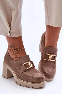 Boto Półbuty Skórzane*Eleganckie Półbuty Na Słupku Ze Złotą Ozdobą Beżowe Lemar Harmell Beżowy