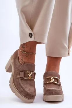 Boto Półbuty Skórzane*Eleganckie Półbuty Na Słupku Ze Złotą Ozdobą Beżowe Lemar Harmell Beżowy