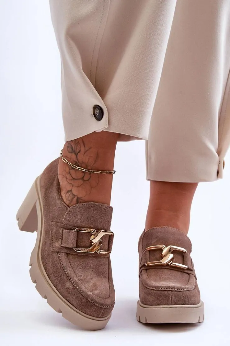 Boto Półbuty Skórzane*Eleganckie Półbuty Na Słupku Ze Złotą Ozdobą Beżowe Lemar Harmell Beżowy