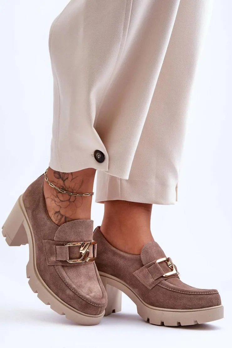 Boto Półbuty Skórzane*Eleganckie Półbuty Na Słupku Ze Złotą Ozdobą Beżowe Lemar Harmell Beżowy